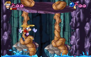 Rayman muß die Seile mit seinem Haar durchschneiden